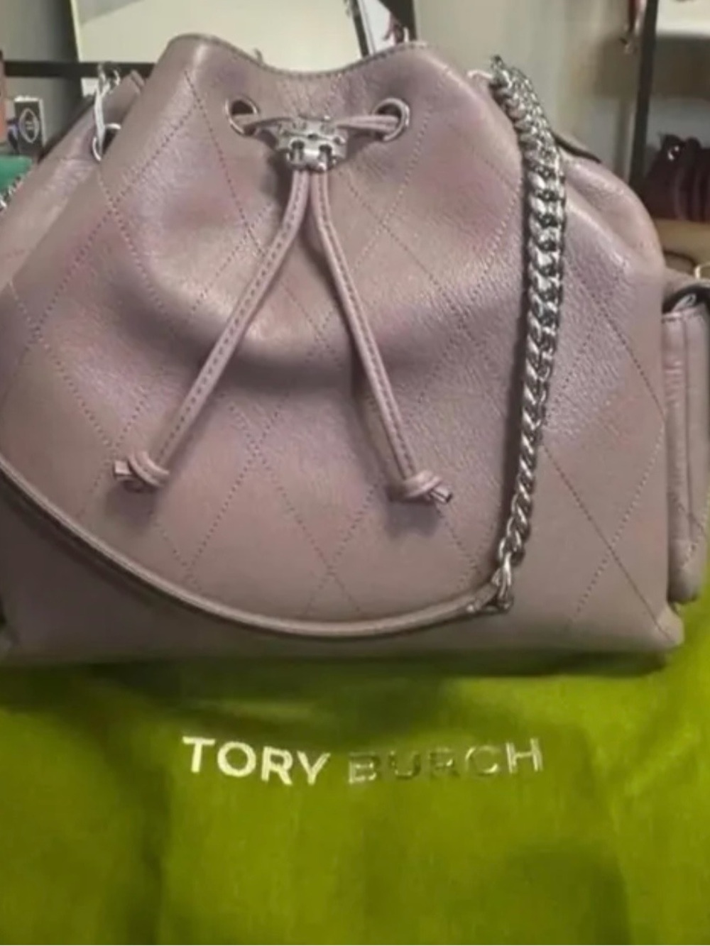Tory Burch Dusty Mauve Quilted Leather Drawstring Shoulder Bag